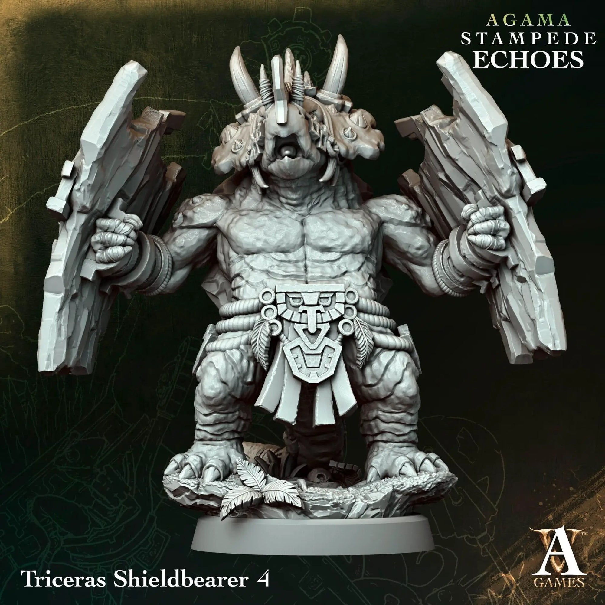 3D printed Triceras Shieldbearer miniature by Last Hope Miniatures, with detailed dinosaur and shield armor design.