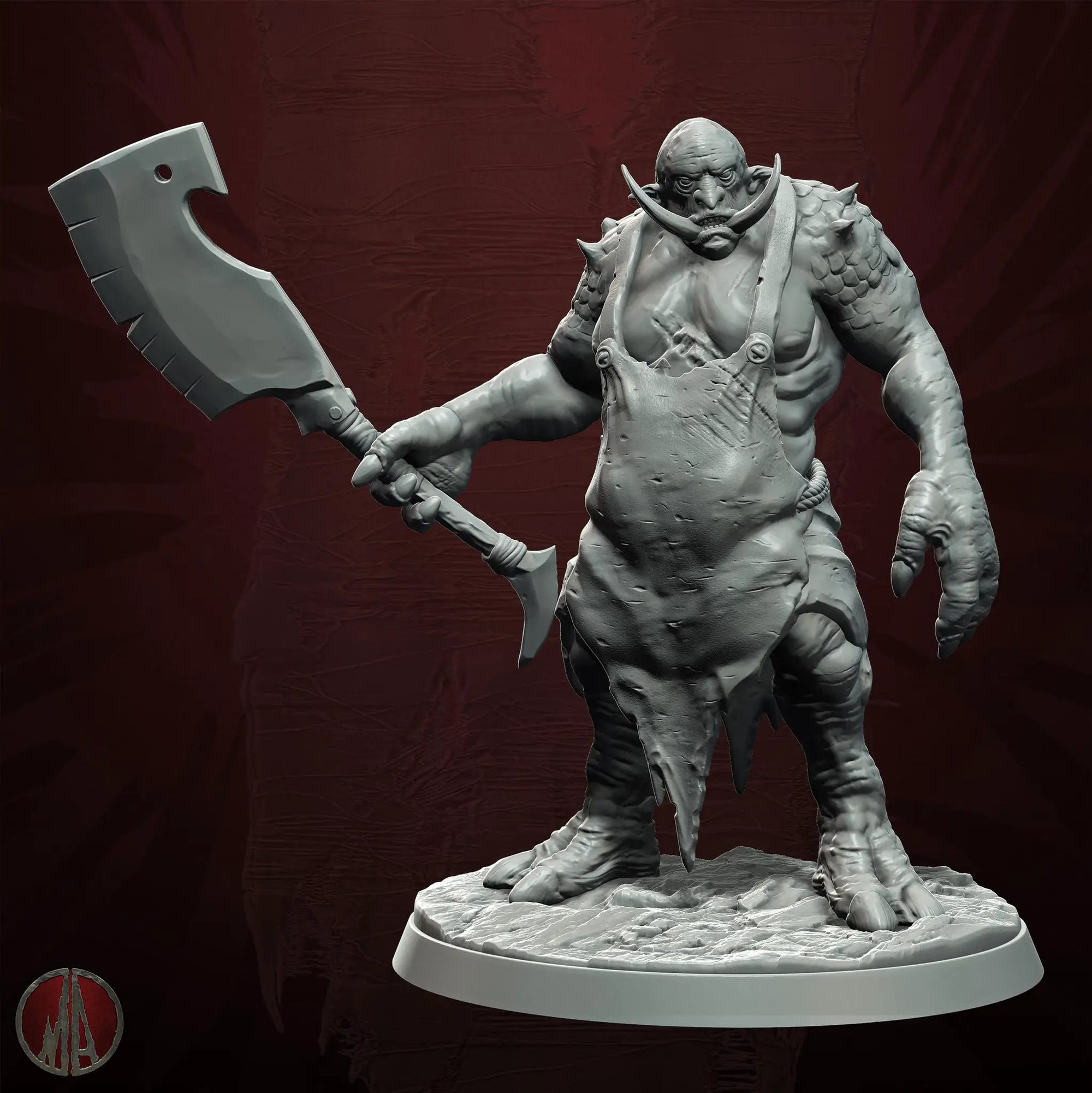 3D printed Troll Chef figure by Last Hope Miniatures for Monolith Arts, featuring a detailed troll with chef attire and kitchen tools.