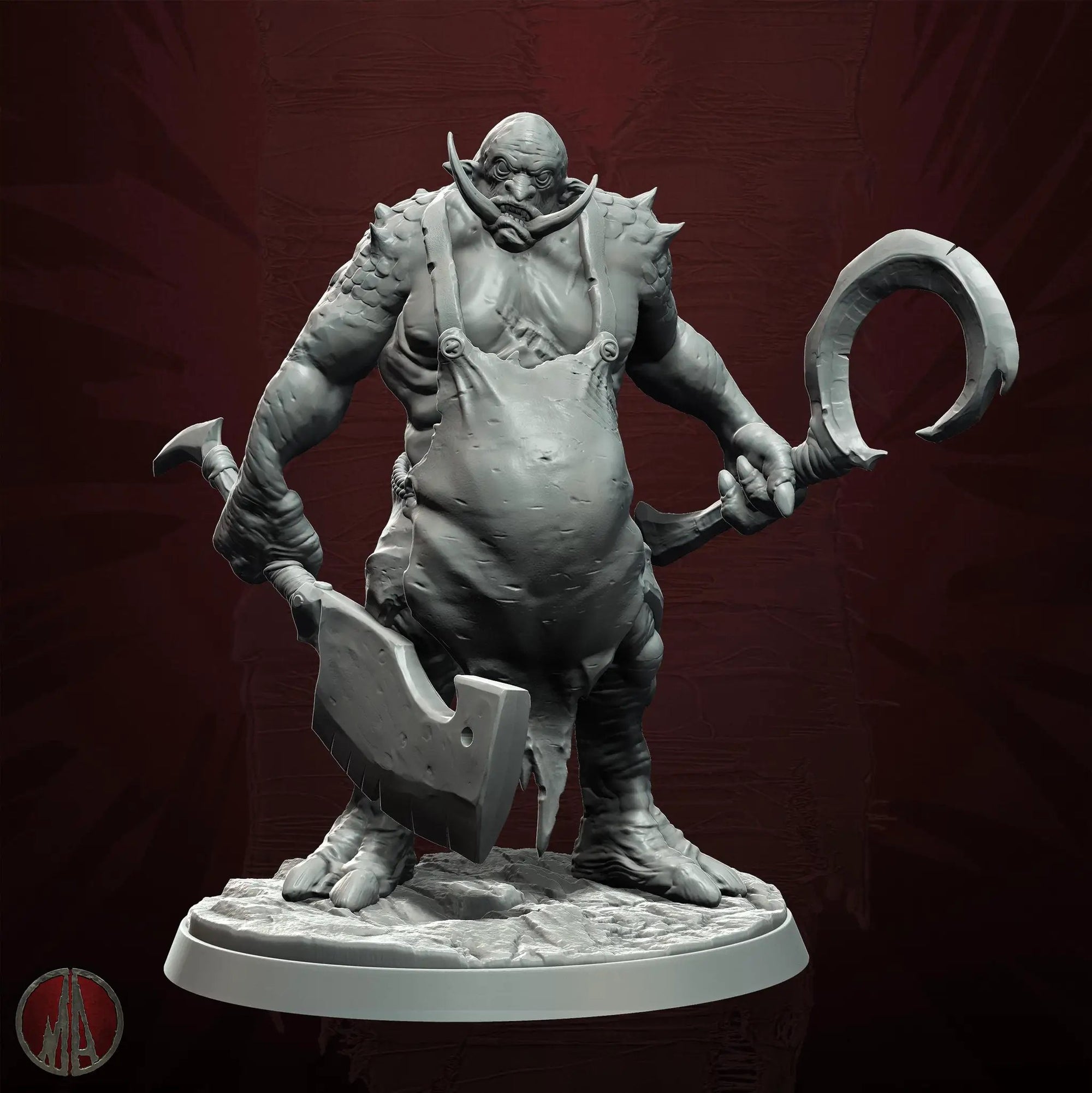 3D printed Troll Chef miniature by Last Hope Miniatures for Monolith Arts, featuring a detailed troll with chef attire and utensils.