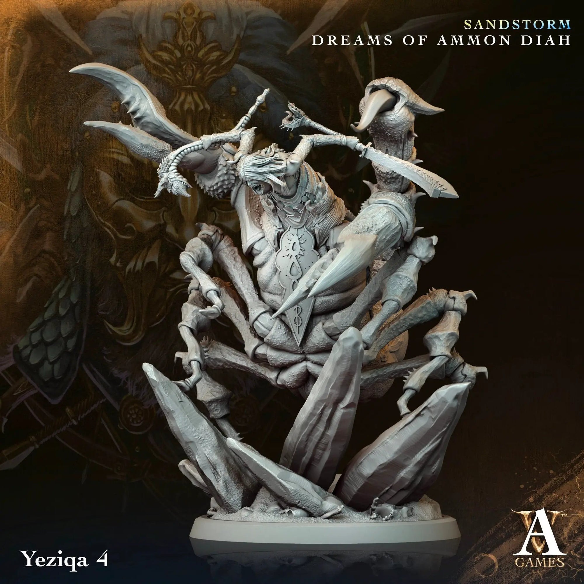 3D printed Yeziqa miniature by Last Hope Miniatures for Archvillain Games, detailed model with intricate design and textures.