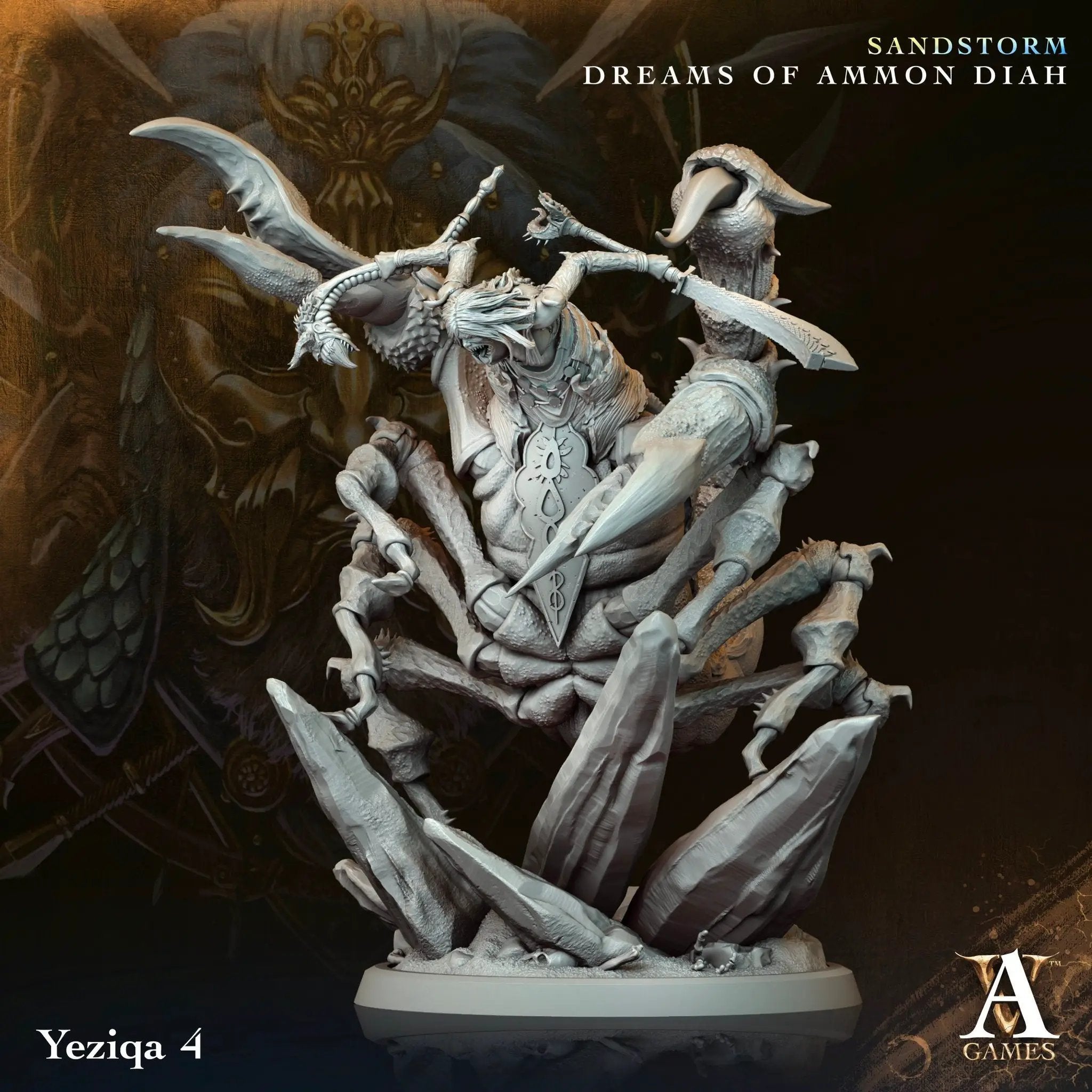3D printed Yeziqa miniature by Last Hope Miniatures for Archvillain Games, detailed model with intricate design and textures.