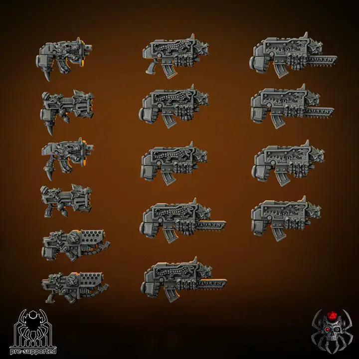 3D printed Flame Lizards Tactical Squad weapons by Last Hope Miniatures, featuring detailed miniature lizard figures with weapon accessories.