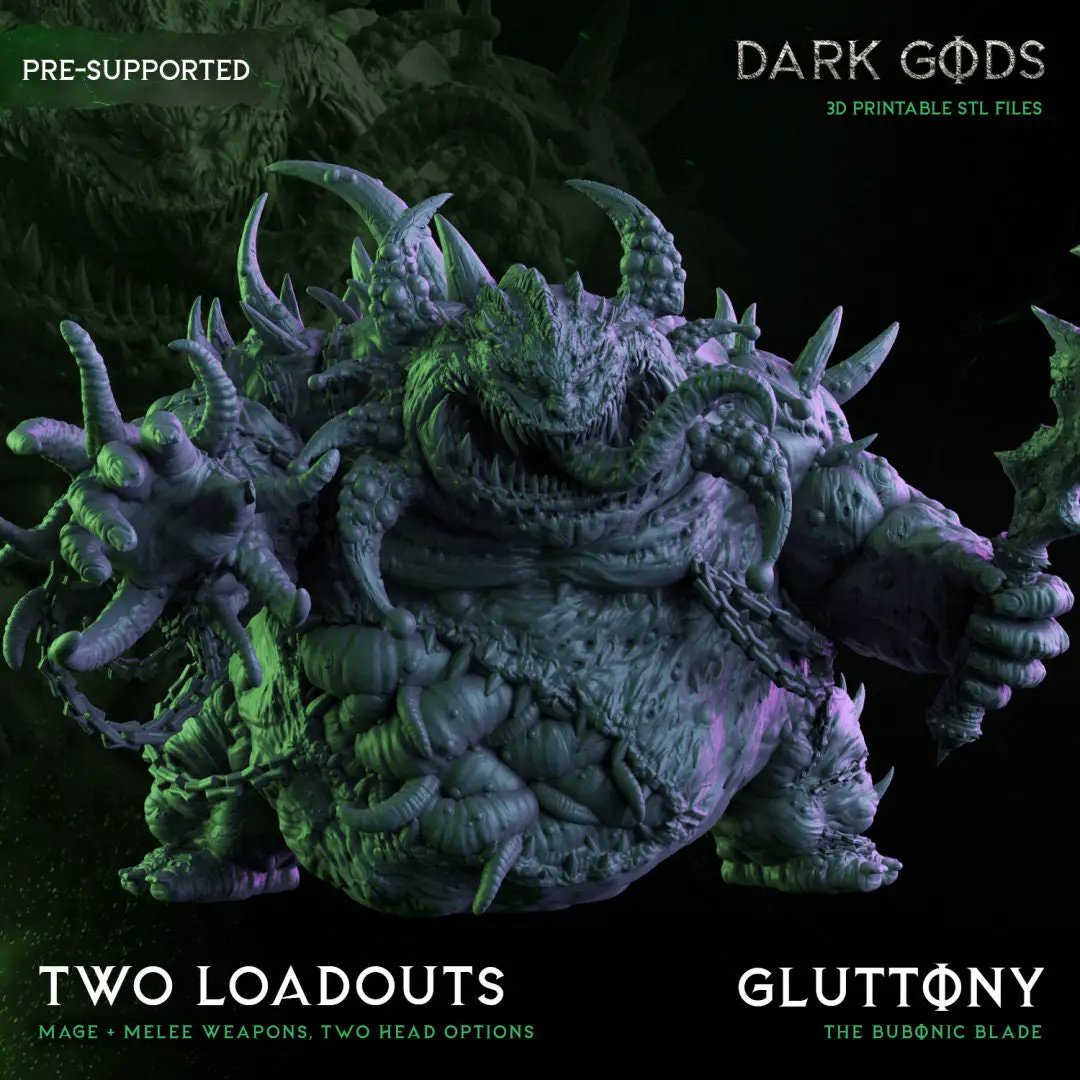 3D printed Gluttony, the Bubonic One miniature by Dark Gods Miniatures, showcasing intricate details and grotesque features.
