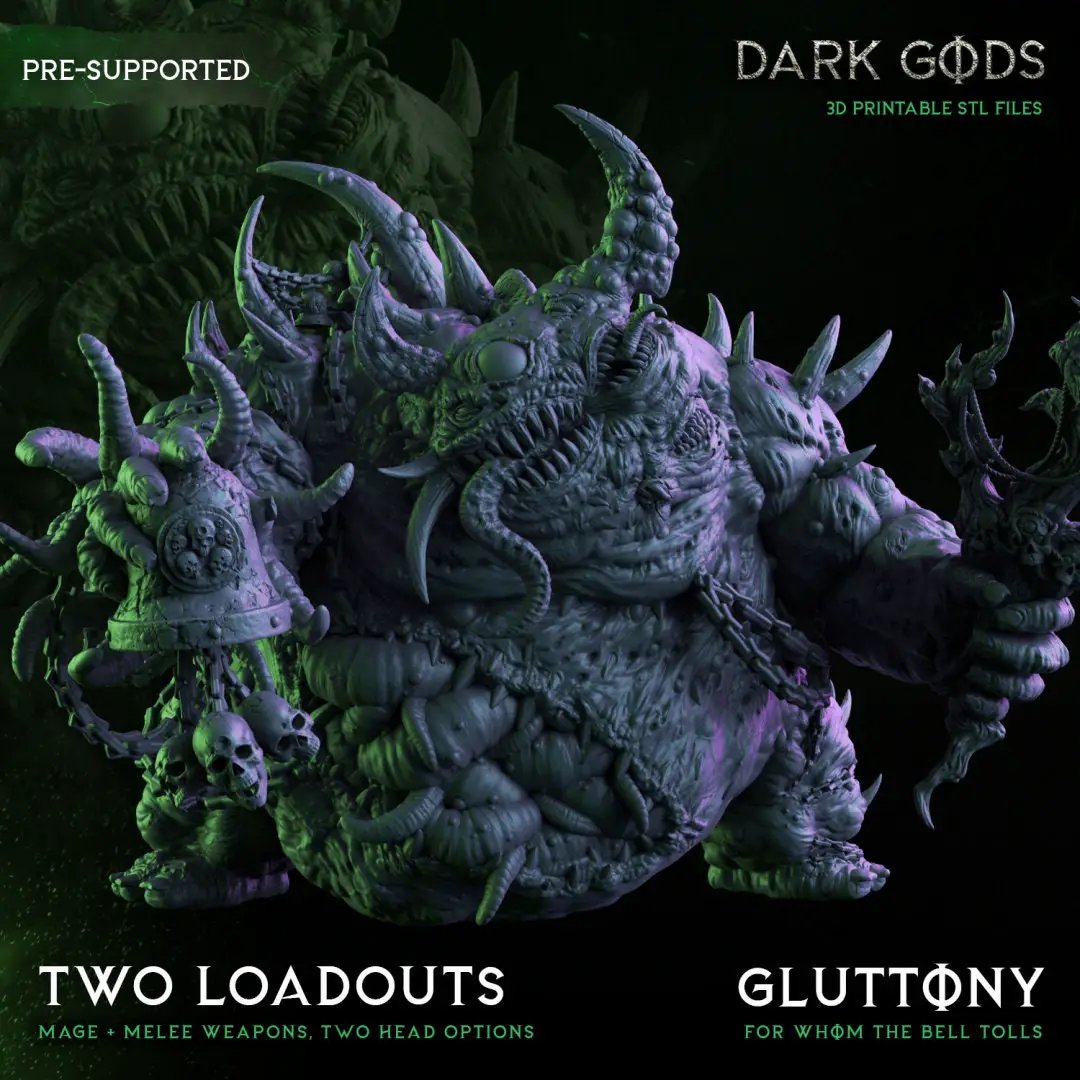 3D printed Gluttony, the Bubonic One miniature by Dark Gods Miniatures, detailed creature with grotesque features, created by Last Hope Miniatures.