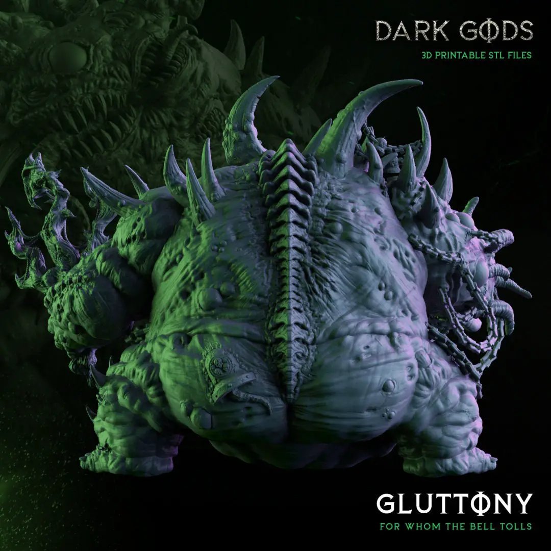 3D printed Gluttony, the Bubonic One miniature by Dark Gods Miniatures, shown in detailed close-up with intricate sculpting.