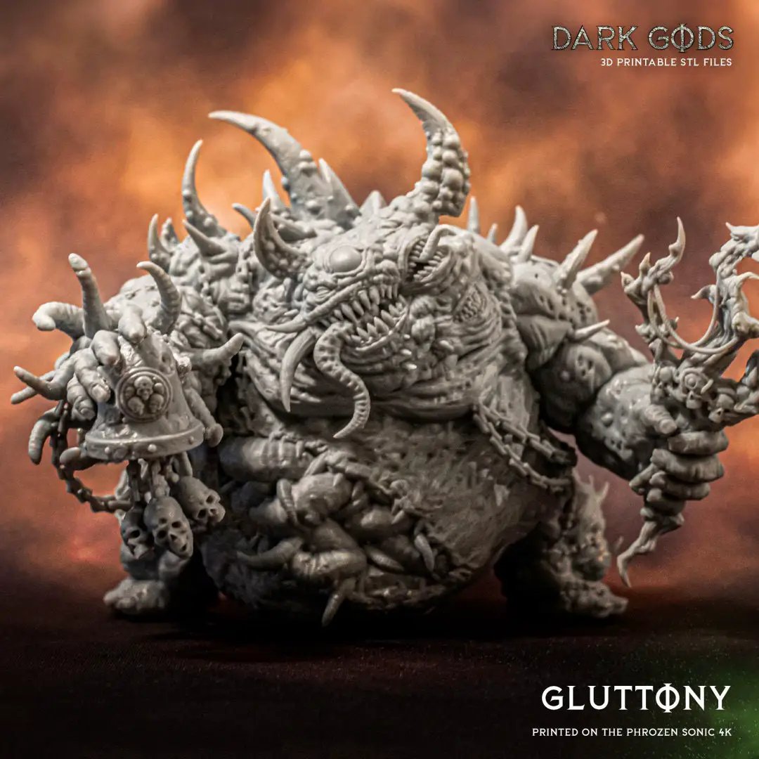 3D printed Gluttony, the Bubonic One miniature by Dark Gods Miniatures, featuring grotesque details and a monstrous, swollen figure.