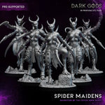 3D printed Spider Maidens miniatures by Dark Gods Miniatures, featuring detailed spider-themed fantasy figures on a display stand.