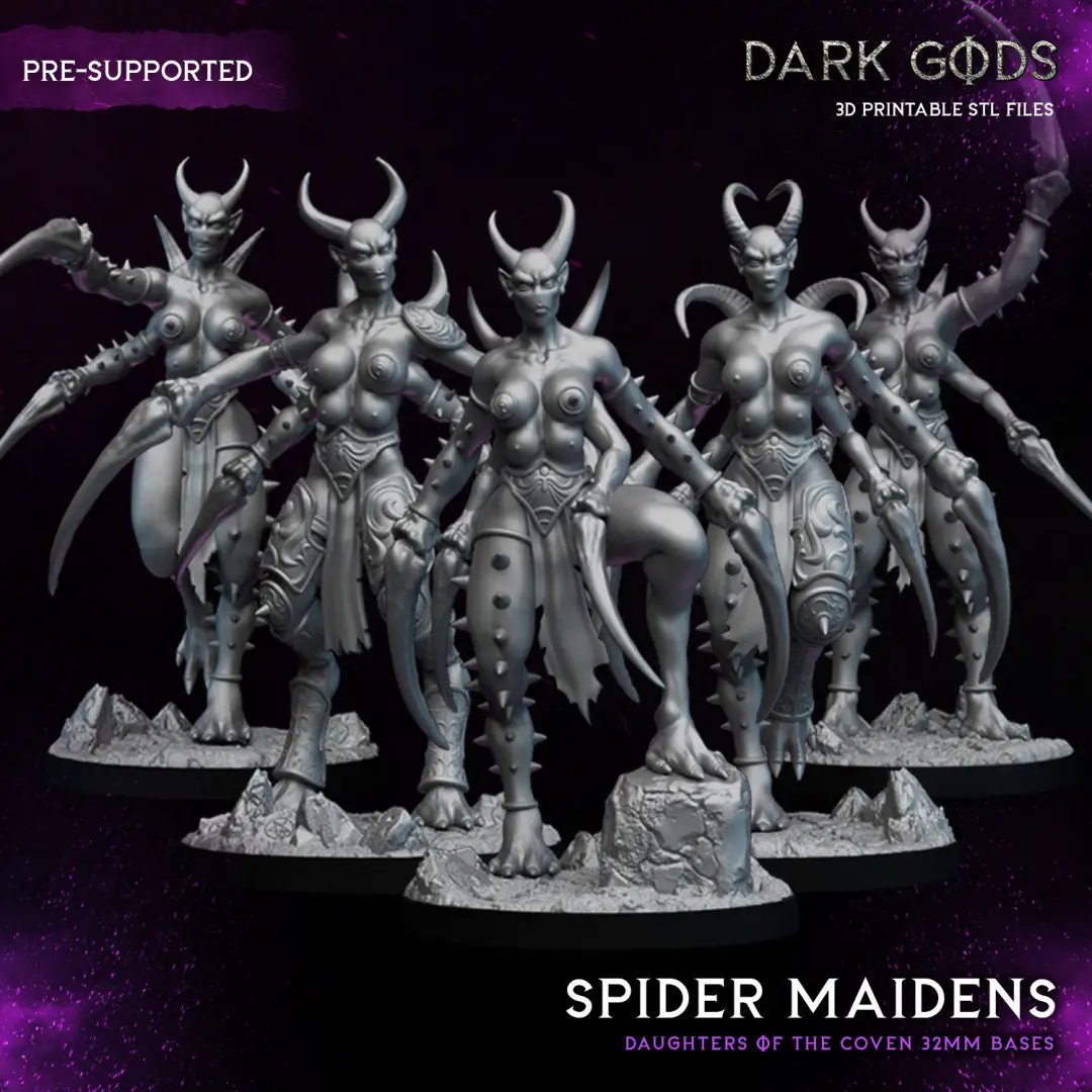 3D printed Spider Maidens miniatures by Dark Gods Miniatures, featuring detailed spider-themed fantasy figures on a display stand.