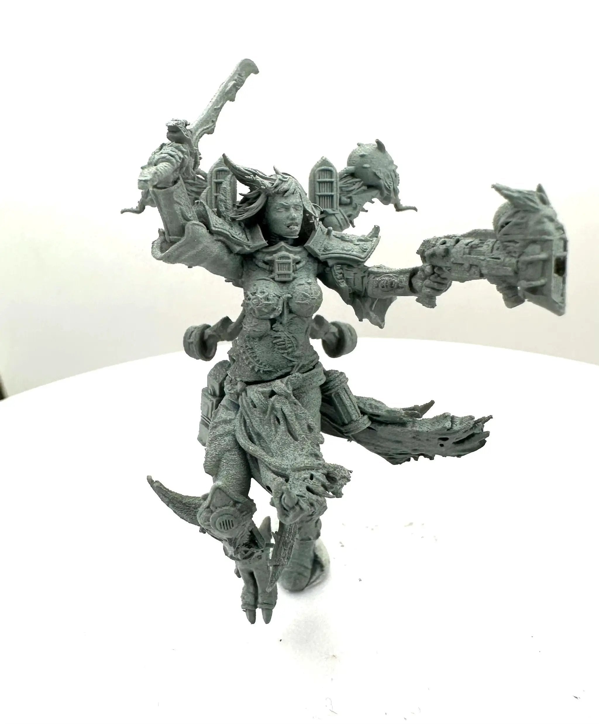 3D Printed Noisy Sister of Chaos miniature by 3DArtGuy for Last Hope Miniatures, showing detailed sculpt with chaotic armor and weaponry.