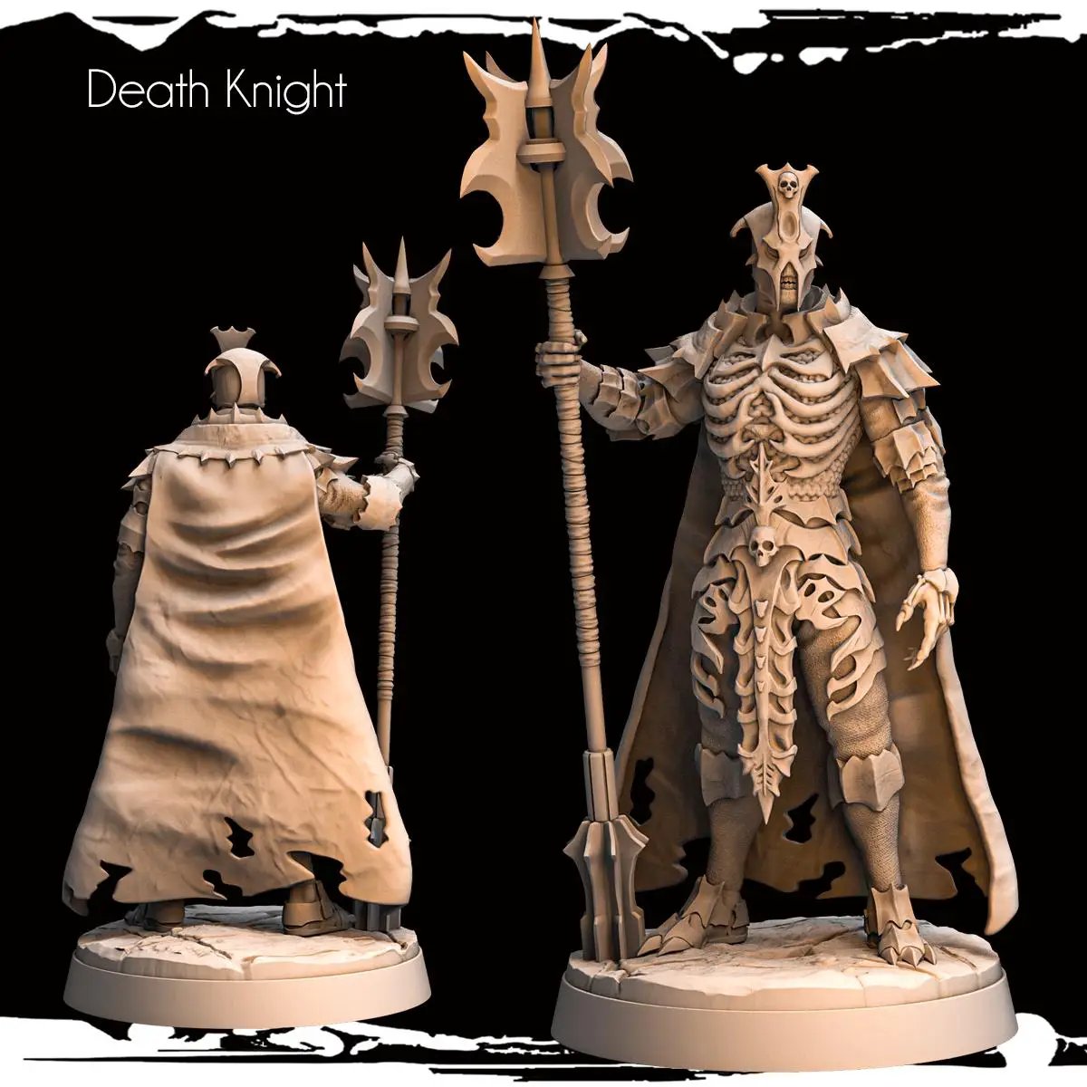 3D printed Death Knight miniature by Last Hope Miniatures, featuring detailed armor and weaponry, on a dark base.