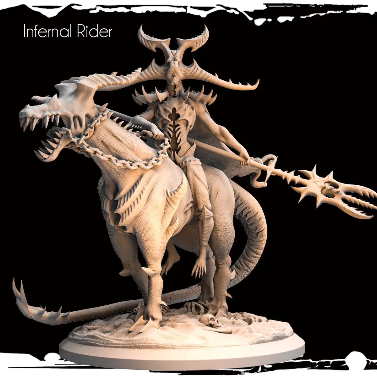 3D printed Infernal Rider miniature by Last Hope Miniatures for Monolith Arts, featuring detailed fiery armor and a fearsome rider on a steed.