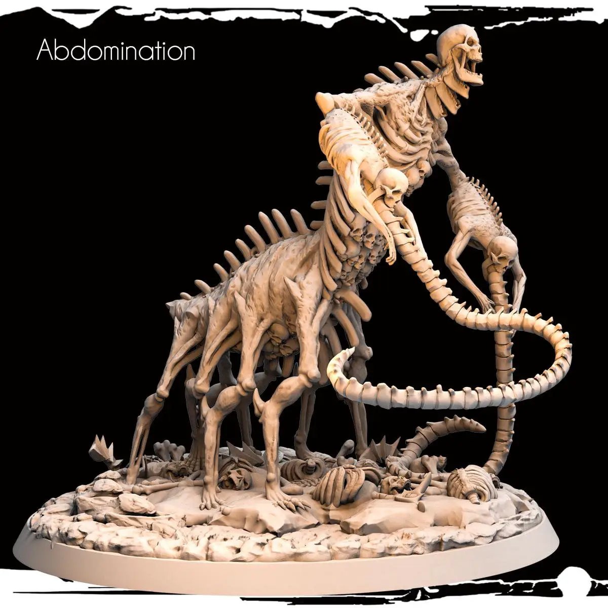 3D printed skeletal abomination miniature by Last Hope Miniatures, detailed skeletal creature with dark, eerie design from Monolith Arts.