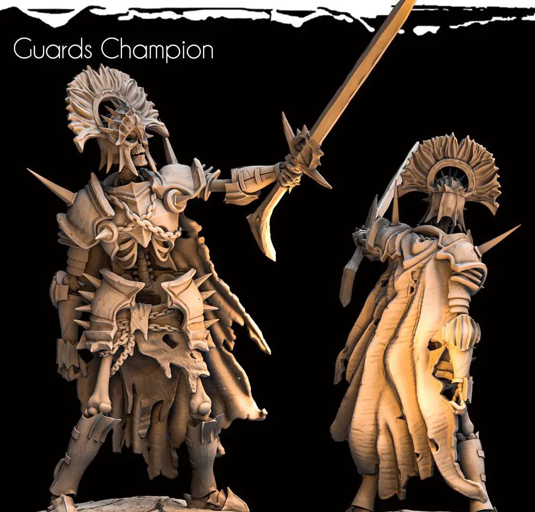 3D printed Skeletal Champion of the Guard miniature by Last Hope Miniatures, featuring detailed skeletal armor and weaponry.