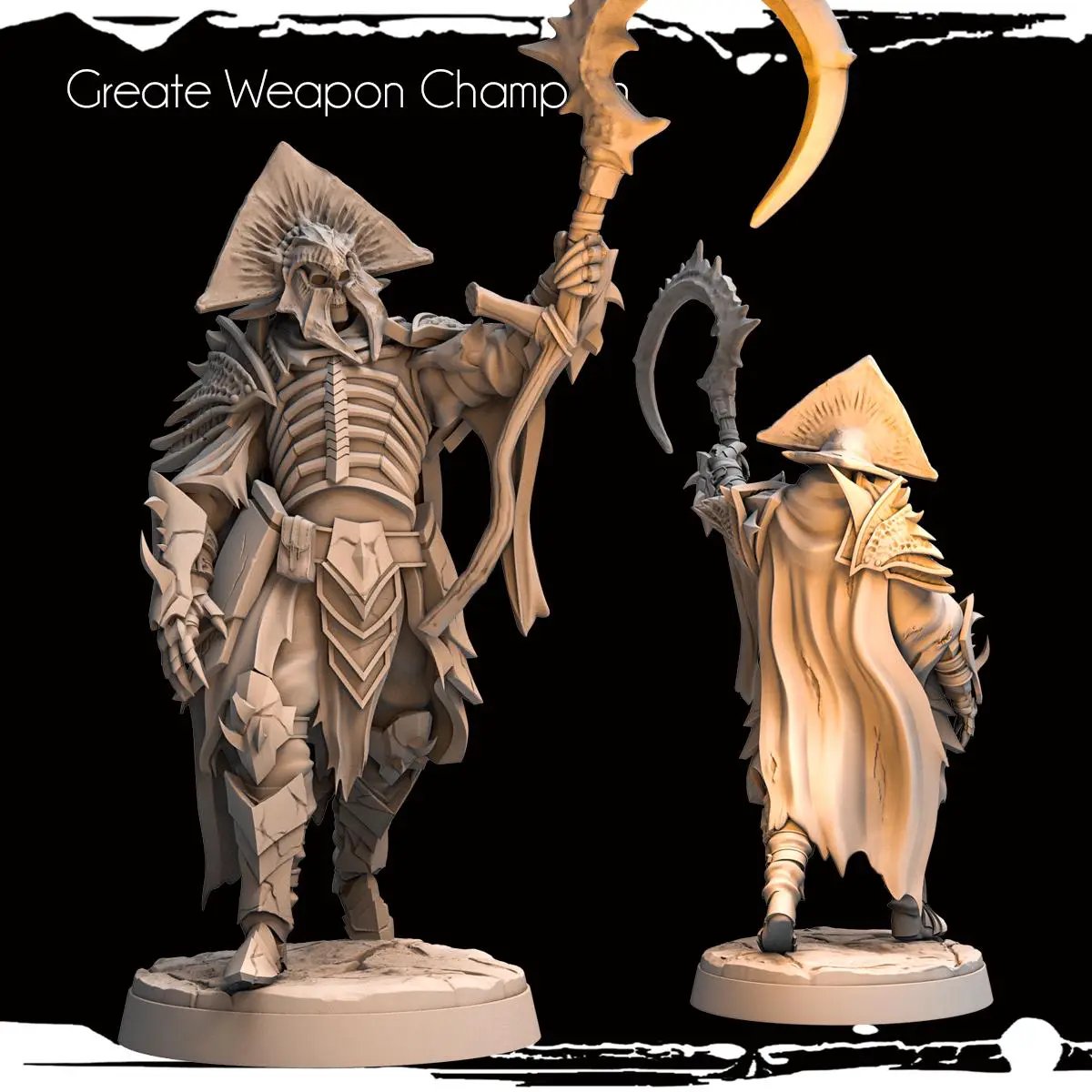 3D printed Skeletal Great Weapon Champion miniature by Last Hope Miniatures for Monolith Arts, detailed skeletal warrior with large weapon