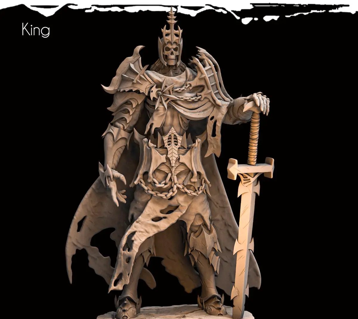 3D printed Skeletal King figurine by Last Hope Miniatures, detailed skeletal warrior with regal crown and armor, collectible miniature.