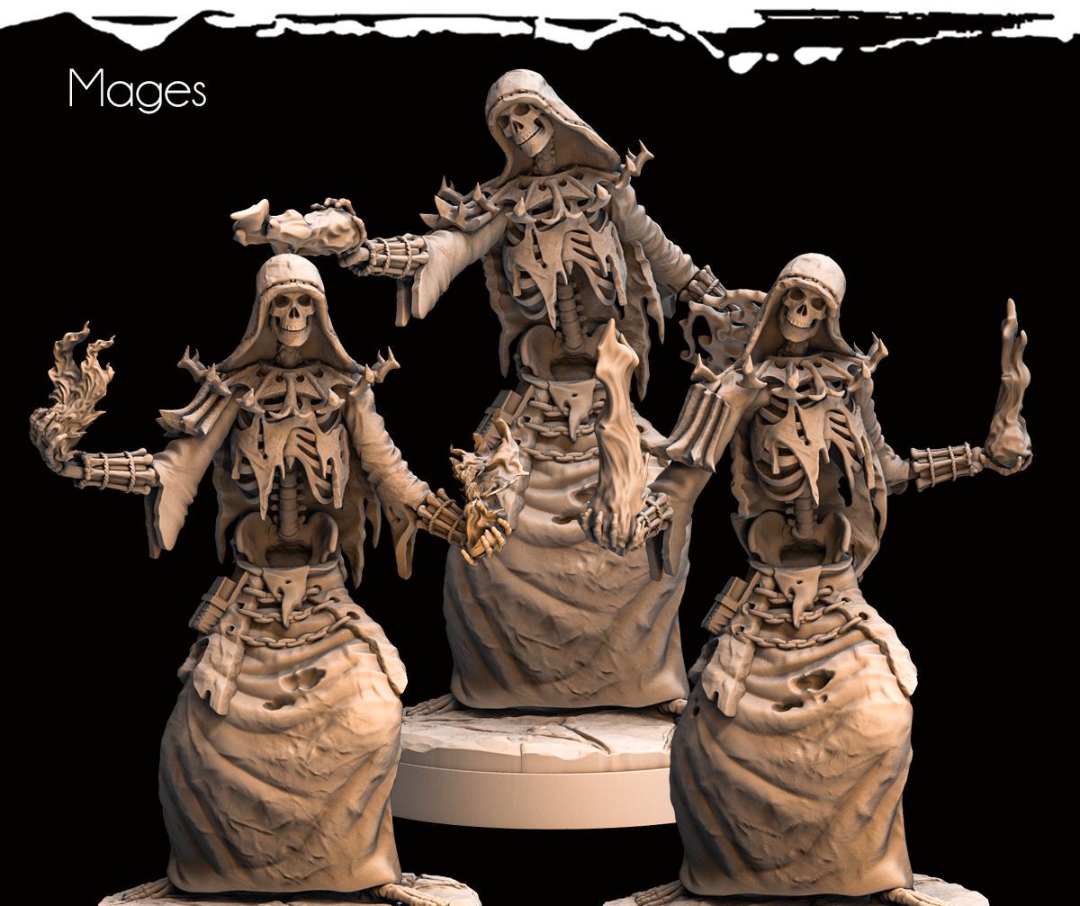 3D printed skeletal mage miniatures by Last Hope Miniatures, featuring detailed bone armor and mystical staff, from Monolith Arts.
