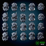 Set of 20 3D printed Cybork Heads miniatures by Last Hope Miniatures for Mekka Miniatures, showcasing detailed, sci-fi head designs.