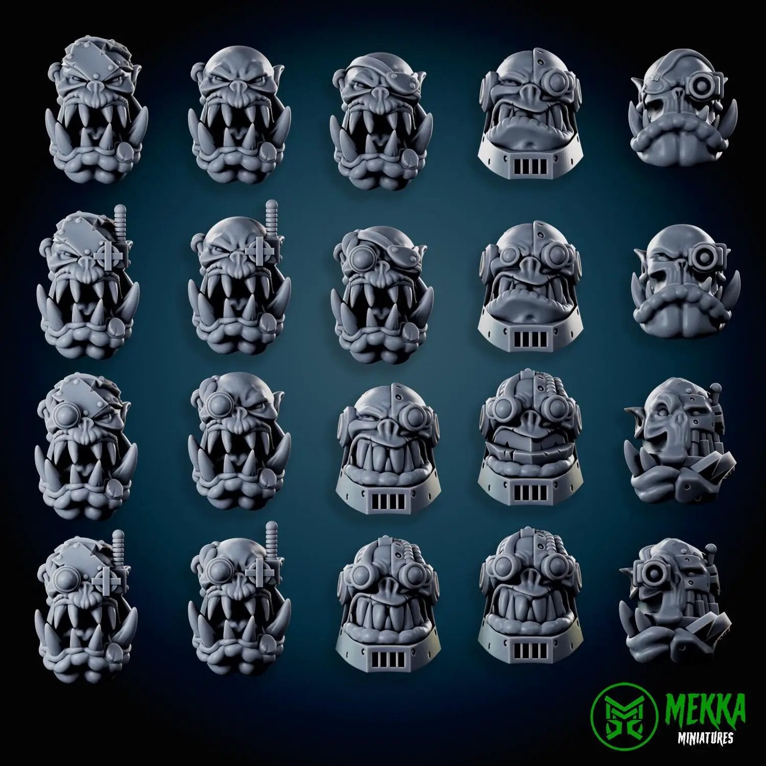 Set of 20 3D printed Cybork Heads miniatures by Last Hope Miniatures for Mekka Miniatures, showcasing detailed, sci-fi head designs.