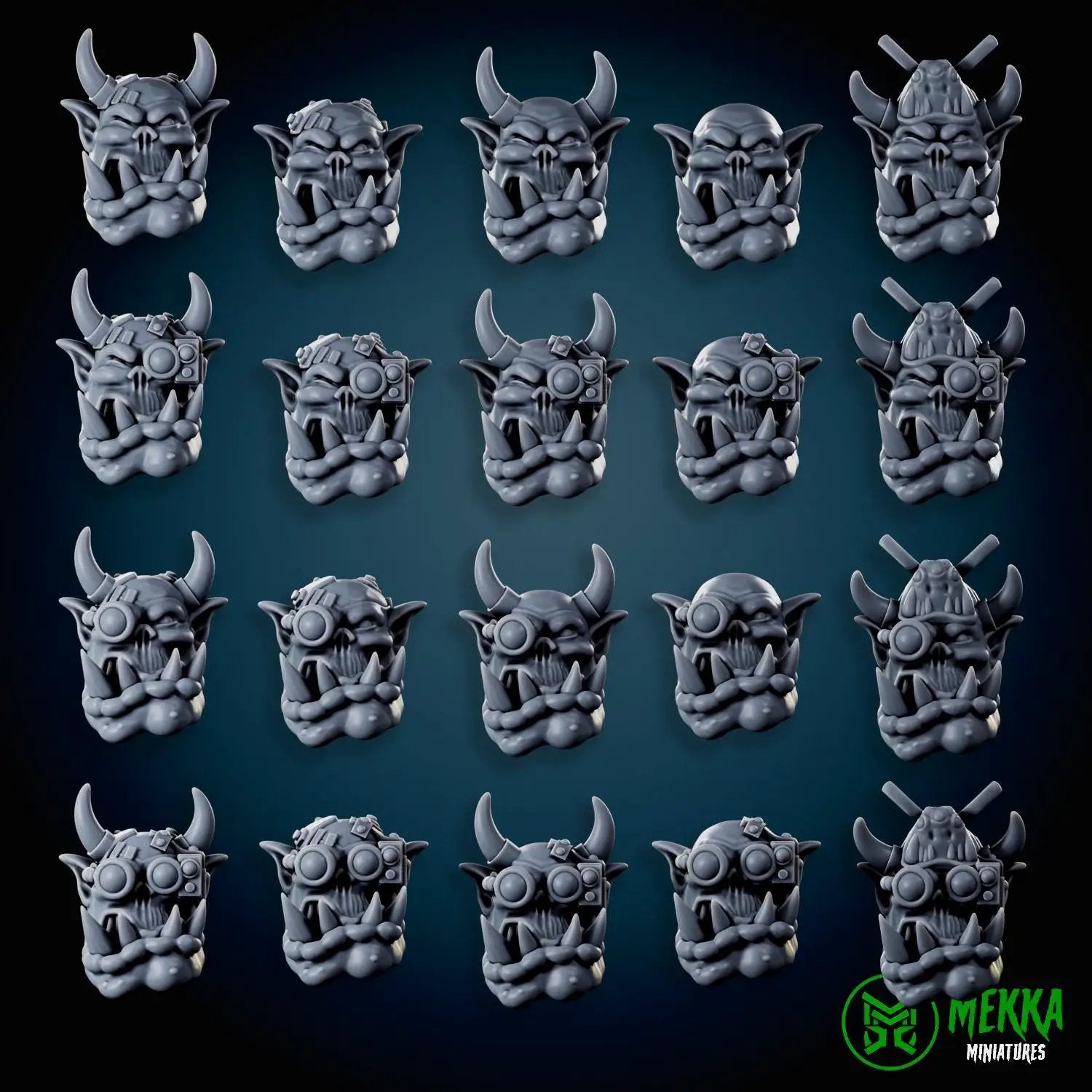 Set of 20 3D printed Cybork Heads miniatures by Last Hope Miniatures for Mekka Miniatures, detailed and molded in resin.