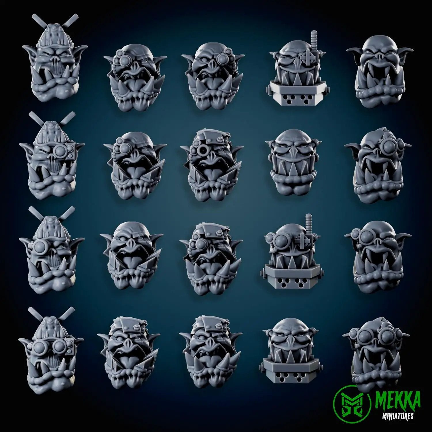 Set of 20 3D printed Cybork Heads miniatures by Last Hope Miniatures for Mekka Miniatures tabletop gaming.