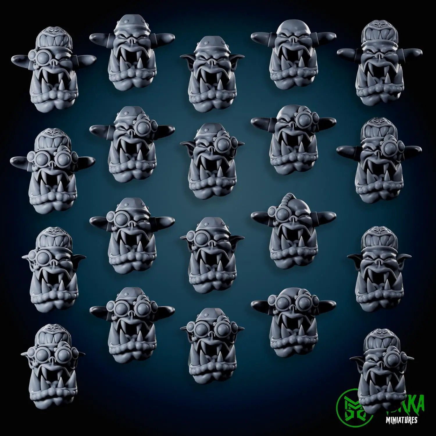 Set of 20 3D printed Cybork Heads miniatures by Last Hope Miniatures for Mekka Miniatures, featuring detailed alien head designs.