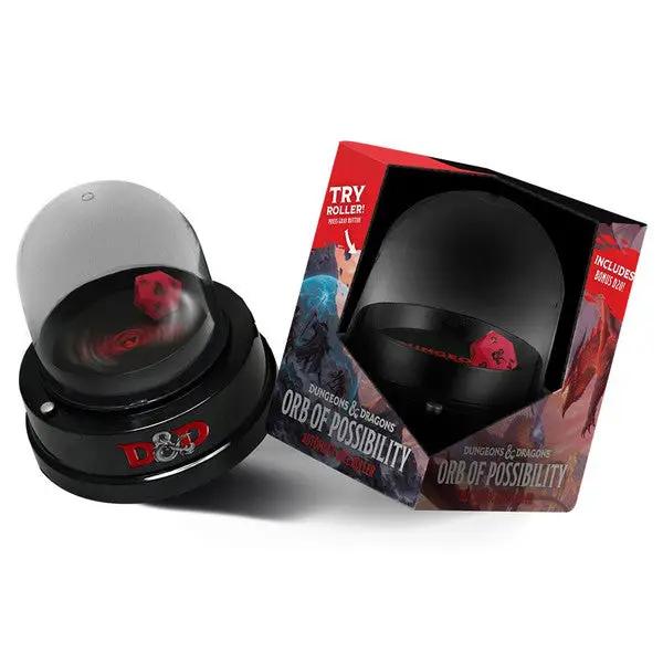 D&D Orb of Possibility dice roller with silicone d20 and included box, designed for tabletop role-playing game accessories.