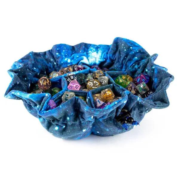 Velvet dice bag with compartments and pockets, ideal for tabletop gaming accessories, by THE MIGHTY HOBBY SHOP.