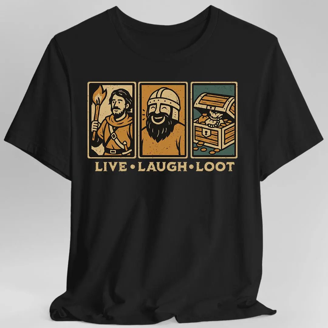 Live Laugh Loot T-shirt - Comic Panels by Sunburst RPG
