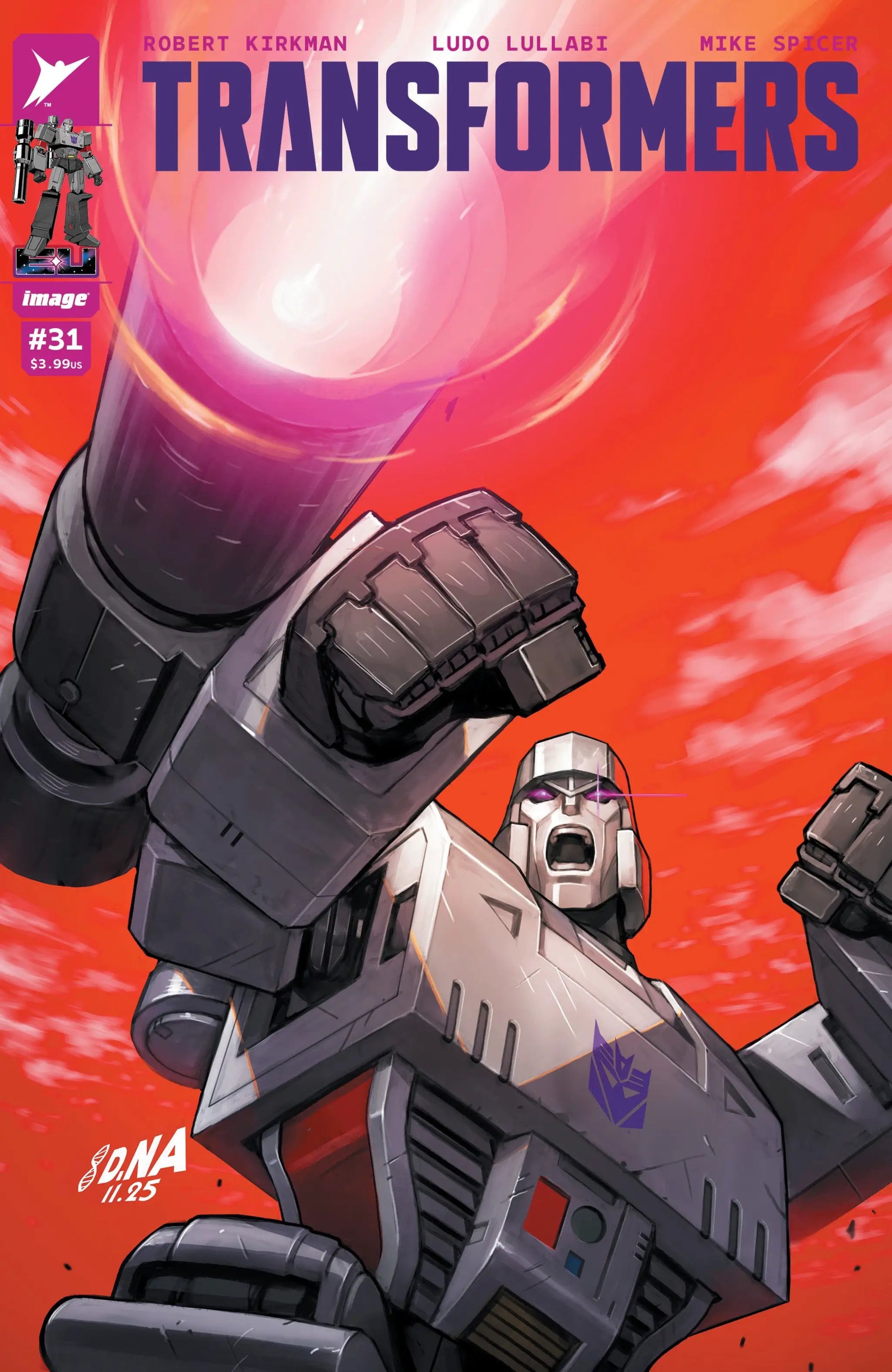 Comic book cover of Transformers #31 by Lunar Distribution featuring dynamic robot characters and bold artwork by David Nakayama.