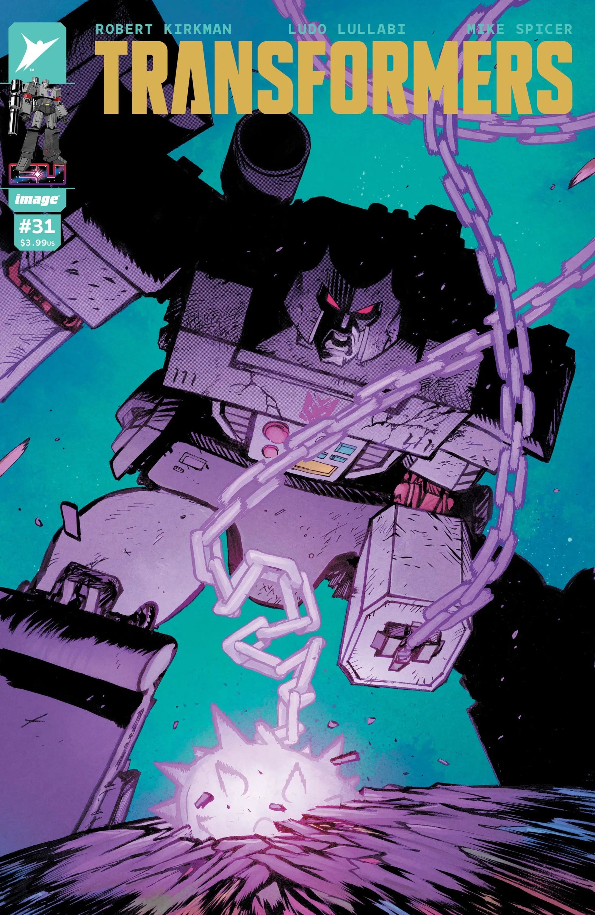 Comic book cover for Transformers #31 by Lunar Distribution, featuring characters in dynamic action scenes.