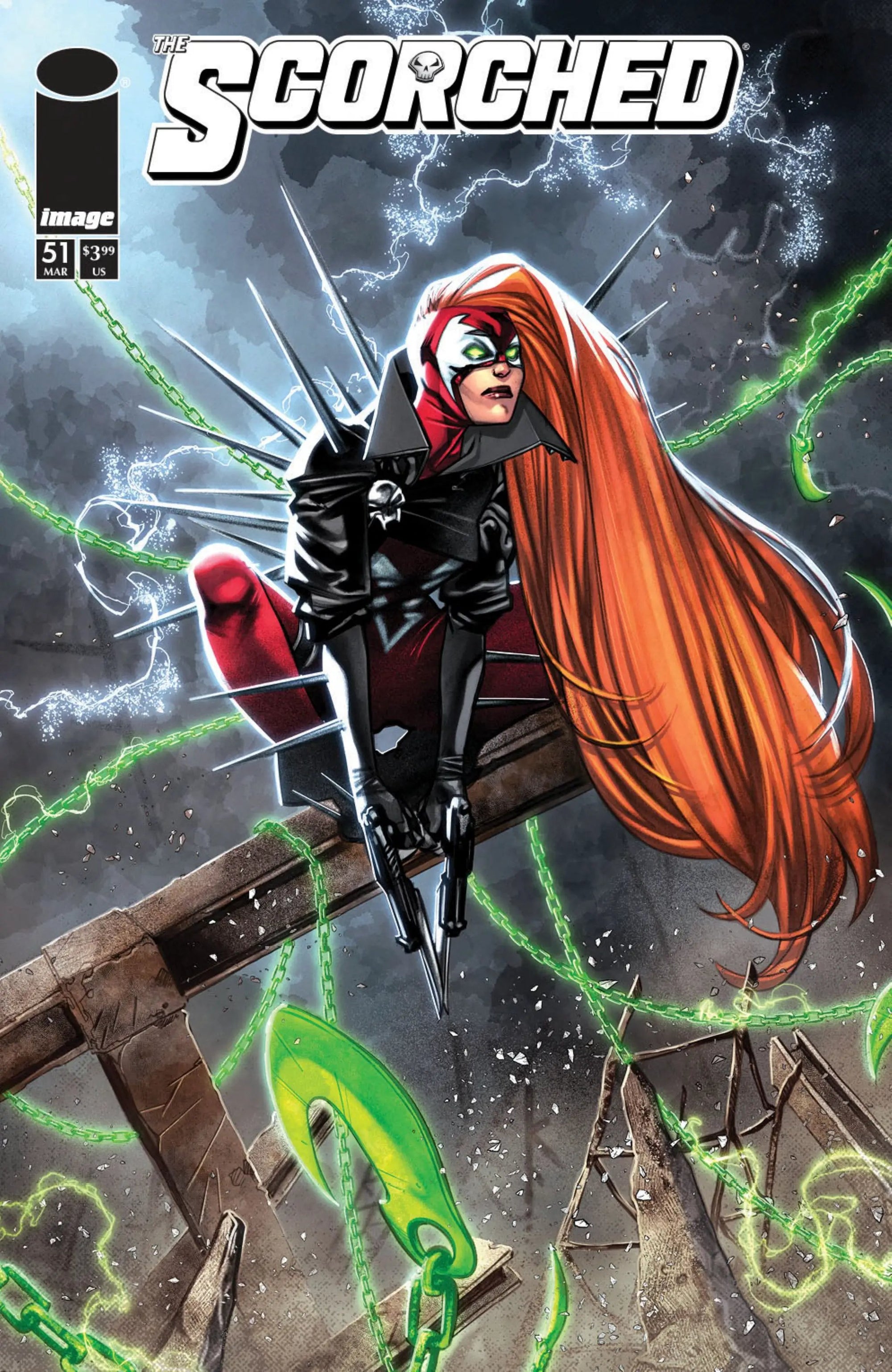 Cover of Spawn Scorched #51 comic book by Lunar Distribution, featuring dynamic artwork of Spawn in a fiery scene.