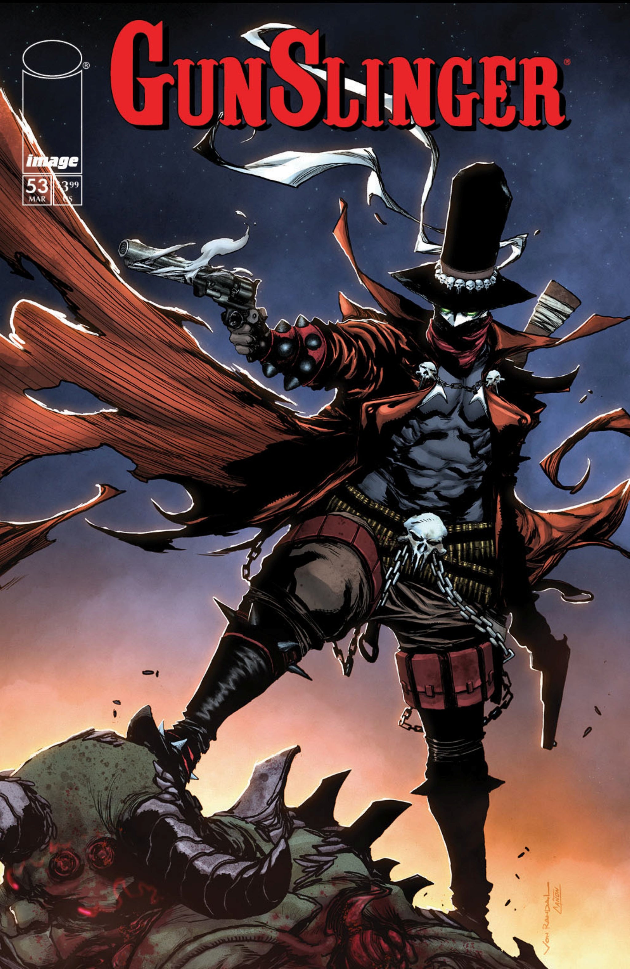 Comic book cover featuring Gunslinger Spawn #53 from Lunar Distribution, with vivid artwork of Gunslinger Spawn in action.