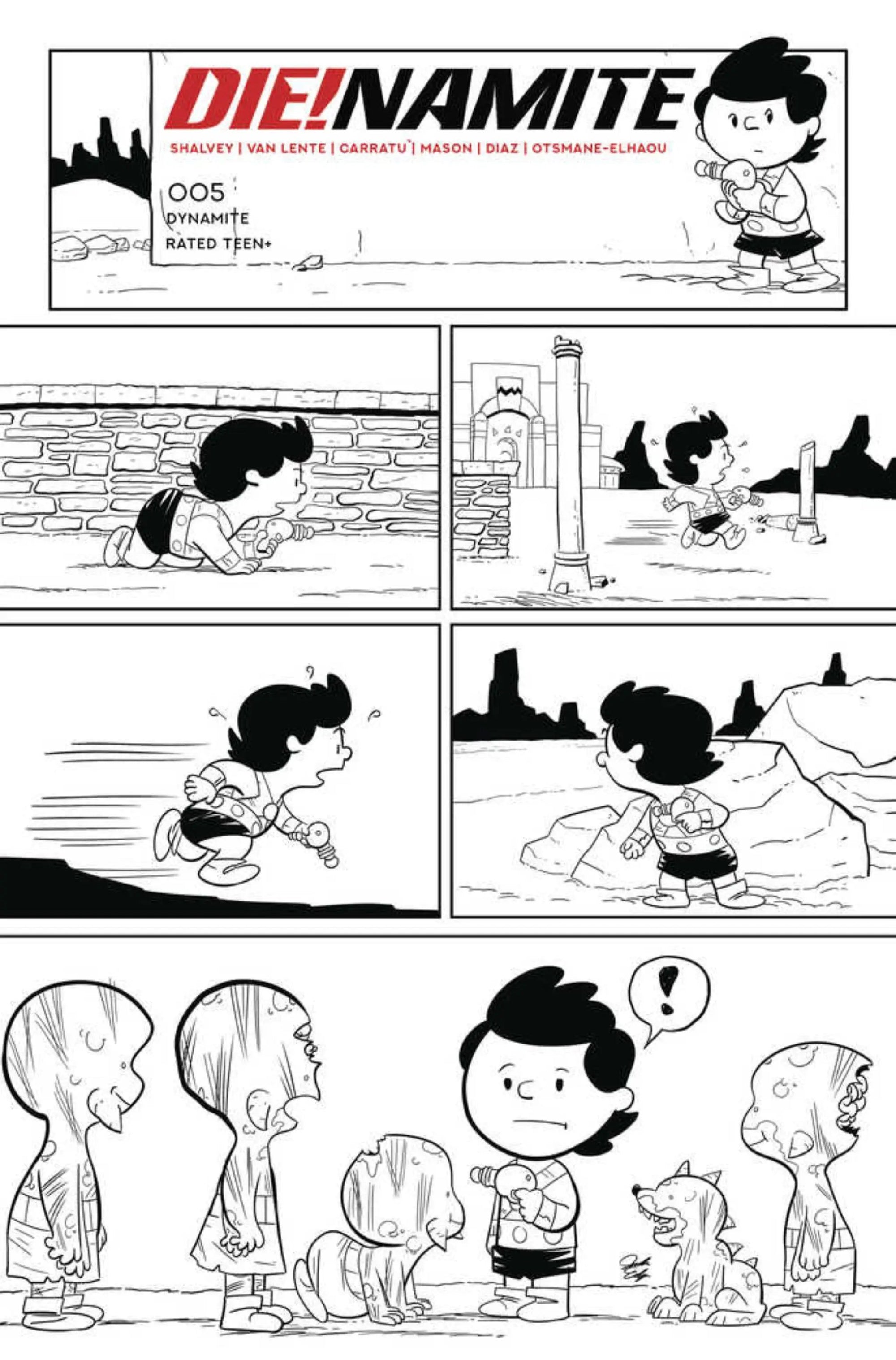 Black and white comic book cover of Die!namite #5 featuring Peanuts homage line art, published by Lunar Distribution.