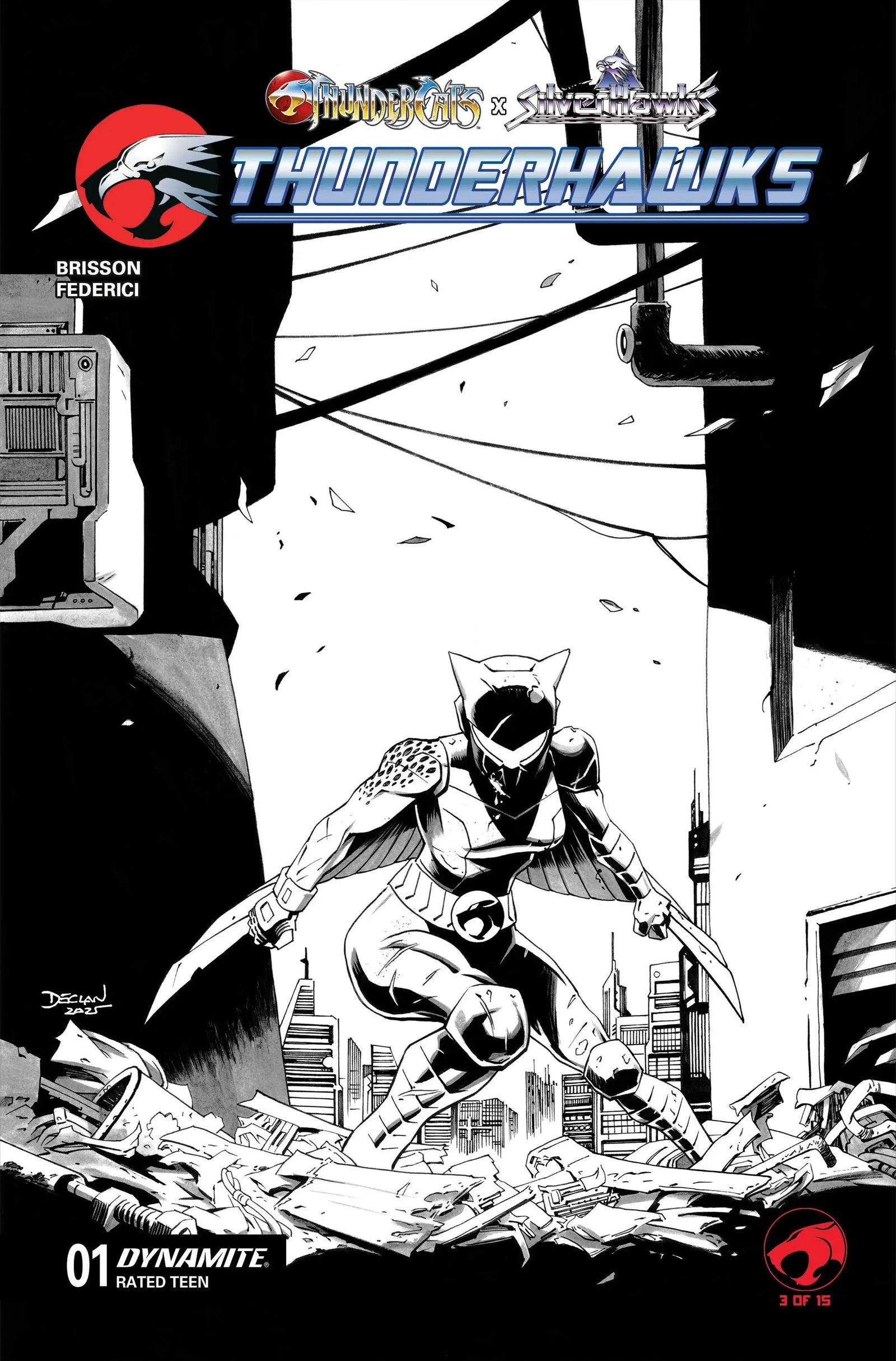 Comic book cover featuring Thunderhawks line art from Thundercats X Silverhawks #1 by Declan Shalvey, with detailed line art style.