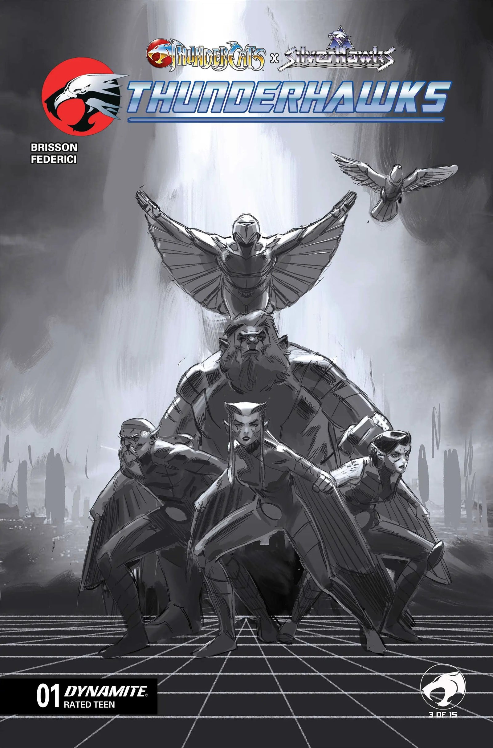 Black and white cover of Thundercats X Silverhawks Thunderhawks #1 comic book by Marco Failla featuring Thunderhawks characters.