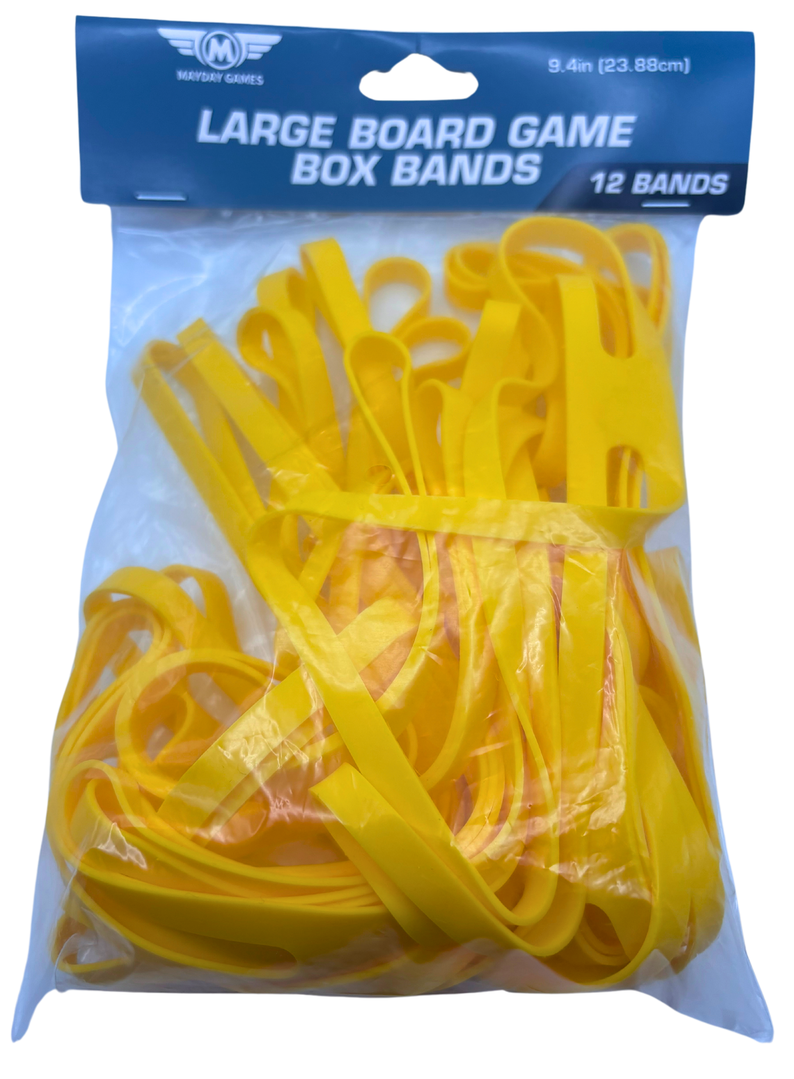 12 Mayday Games large board game box bands, 9.4 inches, sturdy elastic bands for securing and organizing game boxes.