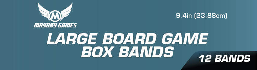 12 large Mayday Games board game box bands, 9.4 inches wide, used for organizing and securing game boxes.