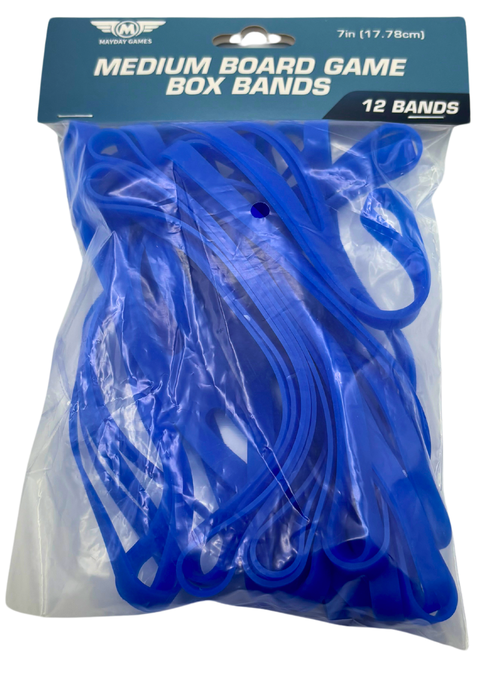 Set of 12 medium board game box bands by Mayday Games, 7-inch elastic strap wraps for securing game boxes.
