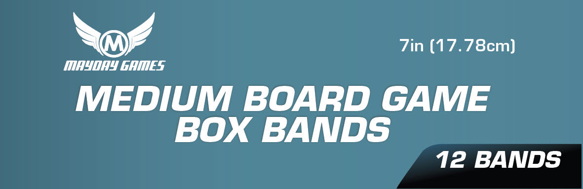 Set of 12 medium board game box bands by Mayday Games, 7-inch wide, designed to secure and organize game boxes.