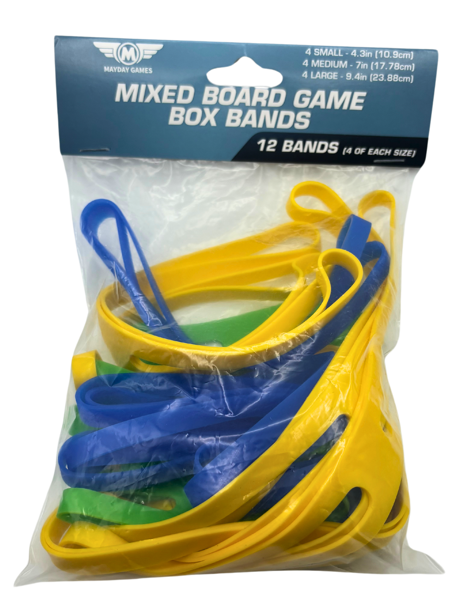 Set of 12 Mayday Games board game box bands in small, medium, and large sizes for organizing and labeling game boxes.