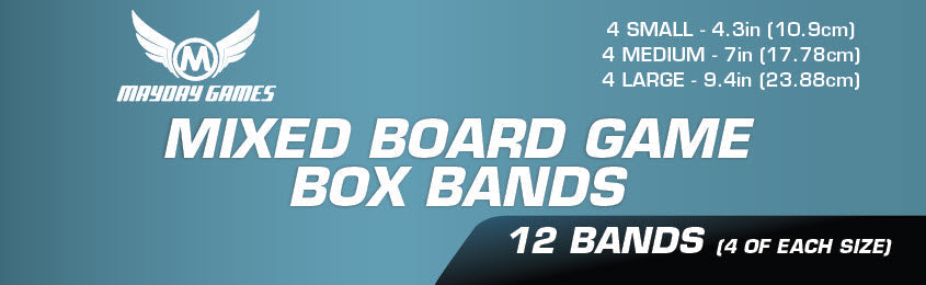 Set of 12 Mayday Games mixed board game box bands in small, medium, and large sizes, designed to secure game boxes.