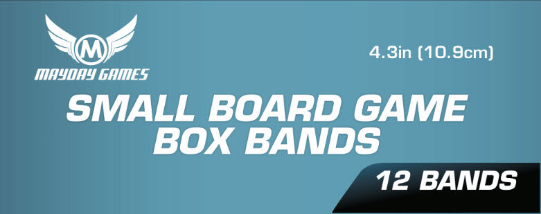 Set of 12 Mayday Games small board game box bands, 4.3 inches wide, used for securing and organizing game boxes.