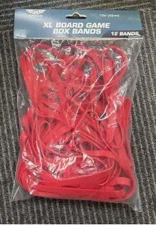 12-pack of Mayday Games XL board game box bands, 13-inch black elastic bands for securing game boxes.