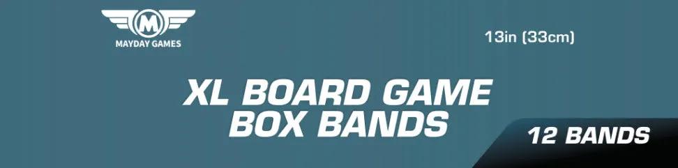 Set of 12 XL board game box bands by Mayday Games, 13-inch elastic bands for securing and organizing game boxes.