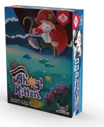 Ahoy Kitten casual game box by Mayday Games for 2-6 players, featuring colorful cat-themed illustrations on the front.