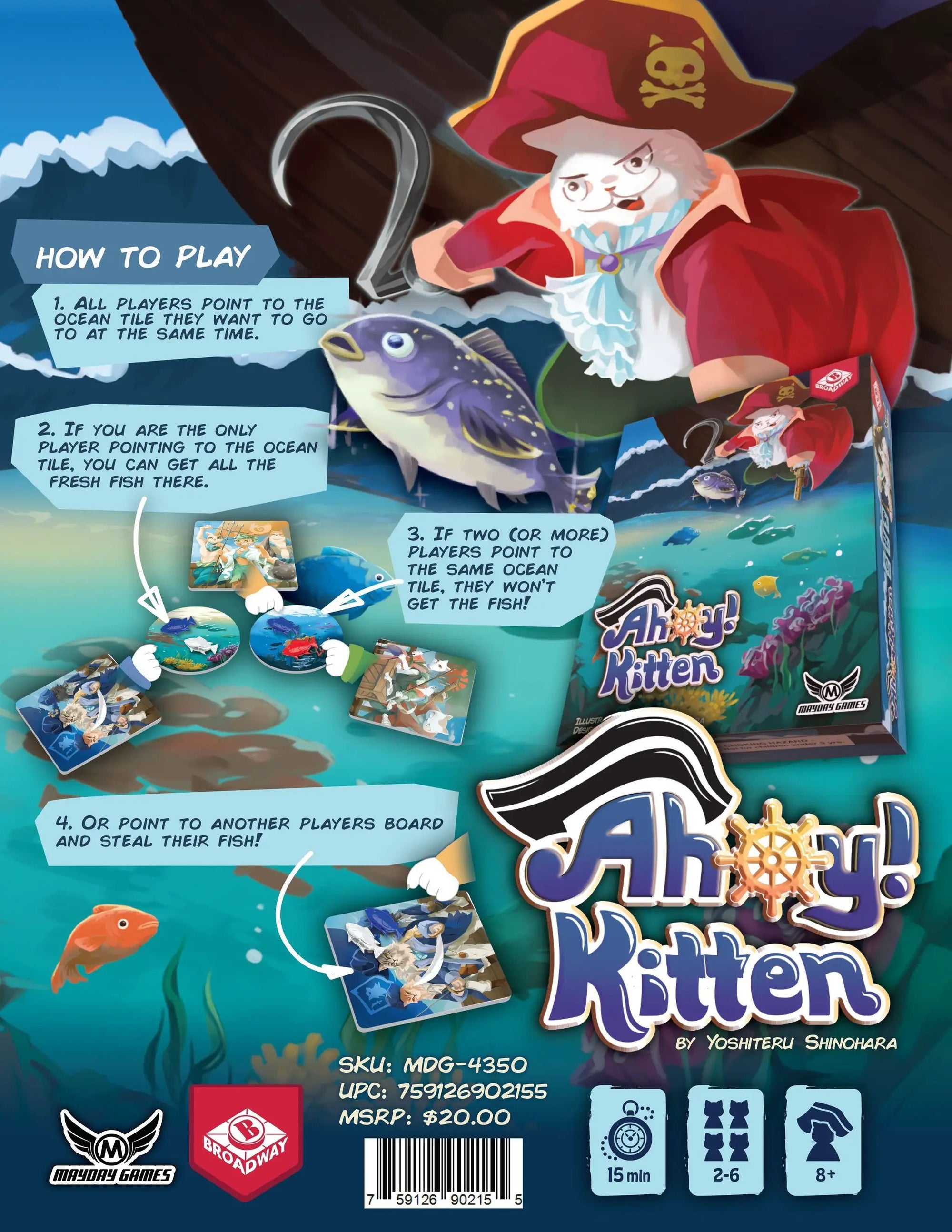 Mayday Games Ahoy Kitten 2-6 Player casual game box with colorful artwork and game components on promotional display.