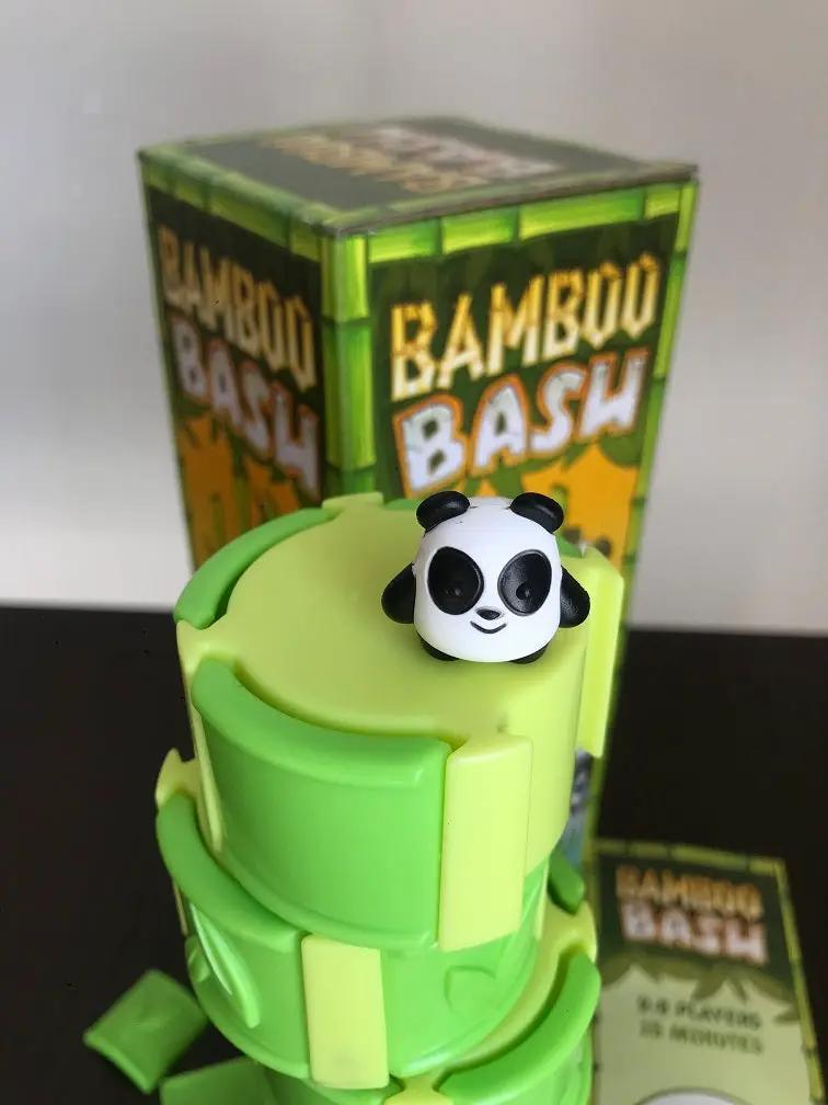 Close-up of Bamboo Bash 2-8 Player Panda Dexterity Game by Mayday Games, showing bamboo sticks and panda figurines for gameplay.