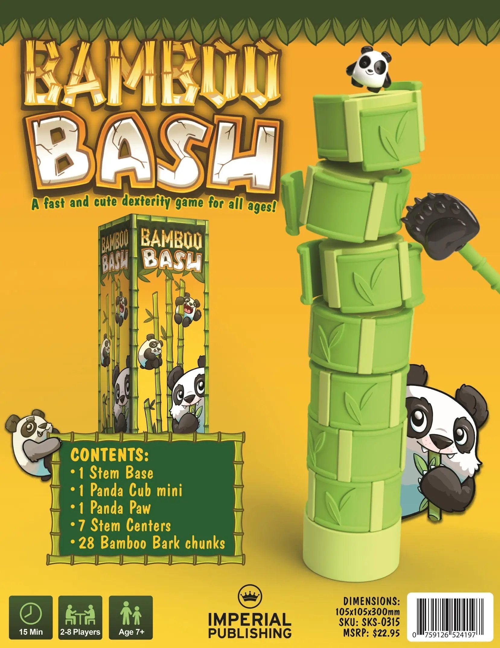 Bamboo Bash panda-themed dexterity game by Mayday Games, featuring bamboo sticks and game components for 2-8 players.