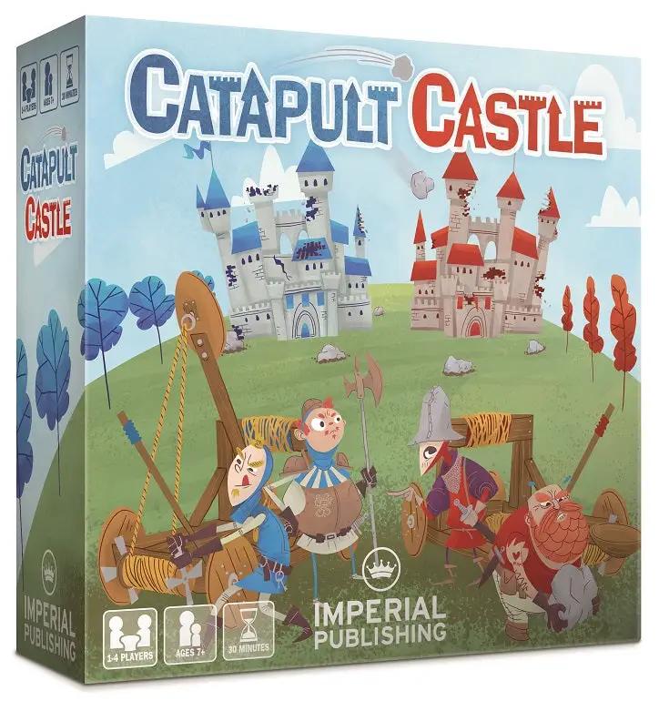 3D image of Catapult Castle medieval dexterity game box for 1-4 players by Mayday Games, featuring colorful castle artwork.