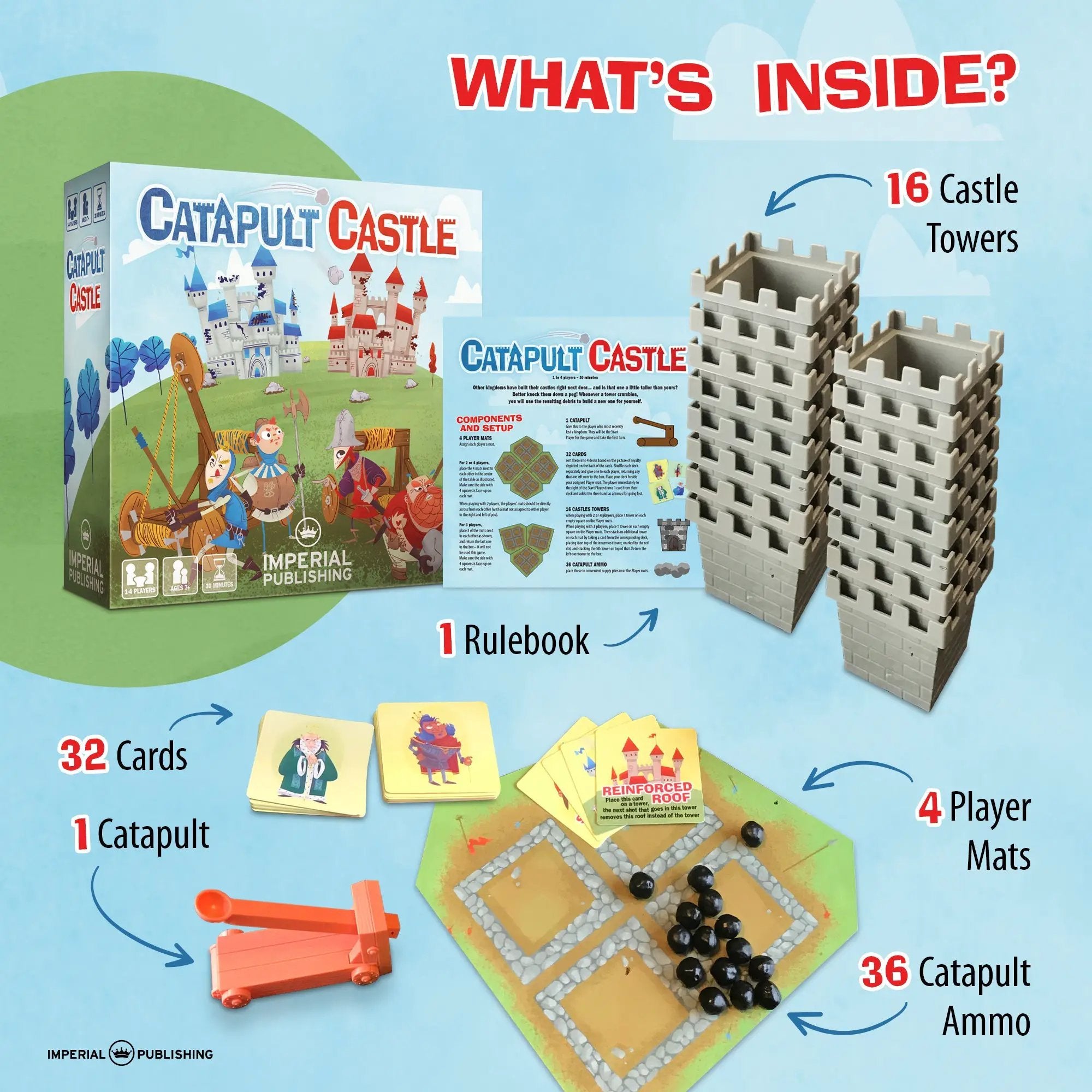 Mayday Games Catapult Castle medieval dexterity game with four-player setup, featuring colorful castle and game components.